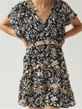 Anthropologie Robin Floral V-Neck Tiered Mini Dress XL